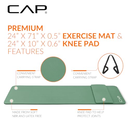 CAP Barbell 1/2-Inch High Density Exercise Yoga Mat with Strap | Multiple Options - color: Green, style: Yoga Mat w/Knee Pad