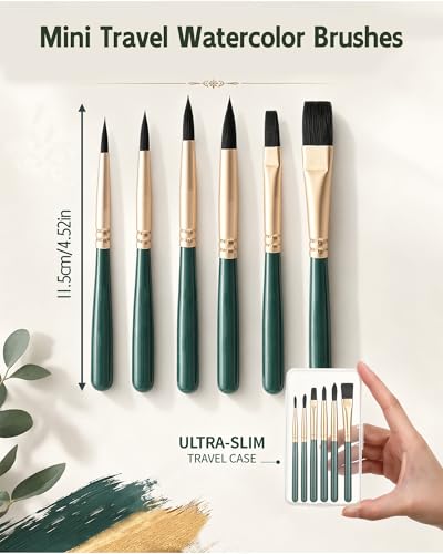 6 Pcs Mini Travel Watercolor Brush Set, Short Handle Paint Brushes | Travel Watercolor Brushes with Storage Box- Flat and Round, for Watercolor, Acrylic, Ink Painting, Gouache