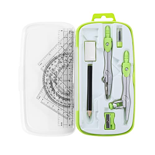 Unjoo Math Geometry Set 10 Pcs, Compass and Protractor for Students(Green) | Shatterproof Storage Box,Rulers,Protractor,Compass,Eraser,Pencil Sharpener,Lead Refills,Pencil,for Classroom, Back to School - color: Green