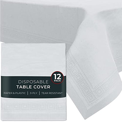 HOUZZKINGZ USA Paper Tablecloths for Rectangle Tables | 54” X 108” – 12 Pack | White Paper Disposable Tablecloth | 3-Ply Premium Paper & Plastic Table Cloths for Parties Disposable - size: 12 Pack