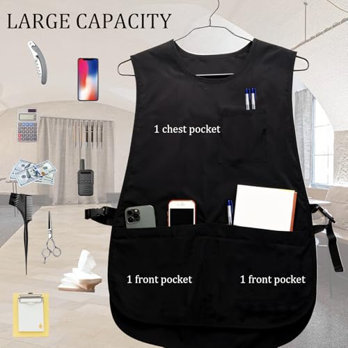 Unisex Black Cobbler Apron, Full Coverage Vest Smock Apron with Adjustable Side Buckle Ties and Pockets Durable & Washable for Servers Hairdressers Beauticians Artists Cleaners