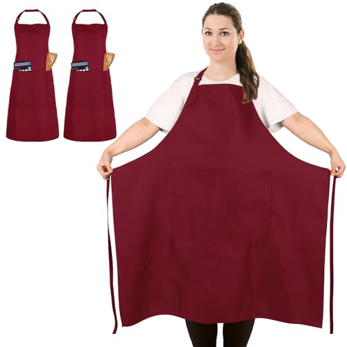2 Pack Plus Size Waterproof Cooking Chef Apron with 2 Pockets for Men Women | Extra Large Design, Adjustable Neck Straps, Long Waist Ties, Professional Bib Aprons for Kitchen, Grilling, Gardening, Baking - color: Red