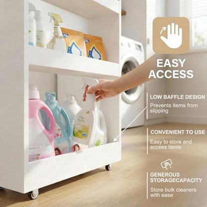 TEAMIX Wood 4-Tier Slim Rolling Storage Cart, 7.9"W, 24.8"D, 36.7"H, White - color: White