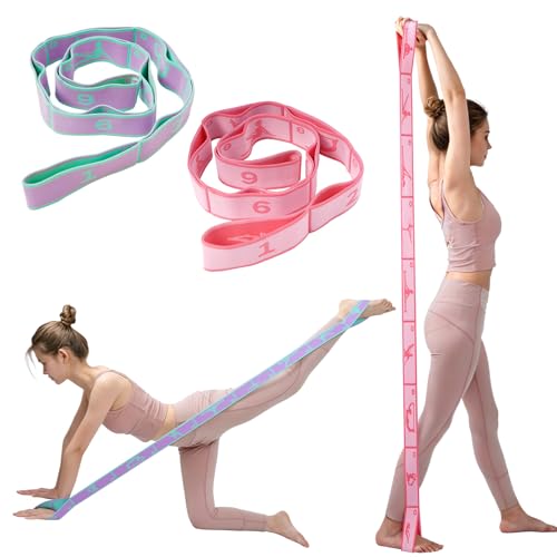 2 Pack 9-Loop Stretch Strap with Pose Guide Pattern, Elastic Yoga Band for Dance, Pilates, Gymnastics, Flexibility Exercise, Kids Workout Training, Youth Ballet Belt - color: Purple+Pink