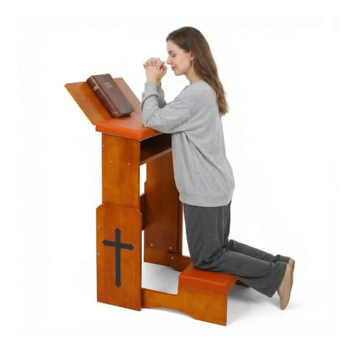 Fanwer Folding Prayer Kneeler Bench, Adjustable Wooden with Bookshelf | Compact kneeling altar for church chapel, home devotion & meditation, portable prayer stool