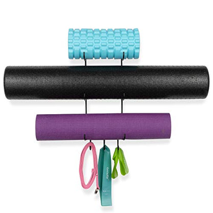 Wallniture Guru Yoga Mat Holder Wall Mount with 3 Hooks for Hanging Yoga Strap, Resistance Bands, 5-Sectional Metal - color: Black, size: 19'' H | 3 Sectional