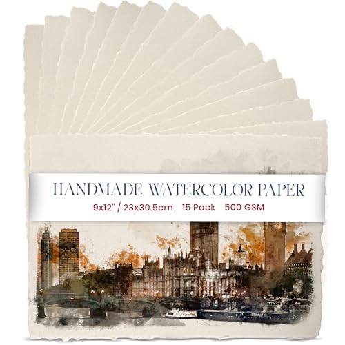 Wanderings Thick Handmade Watercolor Paper with Deckled Edge - 9" x 12" - 500GSM Premium Ivory Cold-Pressed Textured Mixed Media Paper Made with Recycled Cotton - 15 Loose Leaf Sheets - color: Ivory, size: 9x12 inches