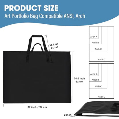 ZKOO Large Size Art Portfolio Bag, Light Weight Art Canvas Portfolio Case with Nylon Shoulder Strap, Carrying Storage Case for Artwork, Poster, Sketching, and Drawing (Compatible 24 * 36 Inch-Black) - size: 24"*36"-Black