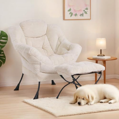 Tiita Lazy Chair with Ottoman, Comfy Reading Accent Chair, Plush Beige | Foldable Footrest, Padded Seat and Backrest, Side Pocket for Lounging in Living Rooms, Bedrooms, Dorms and Small Spaces - color: Plush-beige