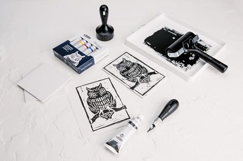 Schmincke - aqua-LINOLDRUCK, lino printing set, complete set with 5 x 20 ml tubes, 1 x 35 ml tube lino printing ink, 82 716 097, incl. cutting tool, roller, lino printing plates