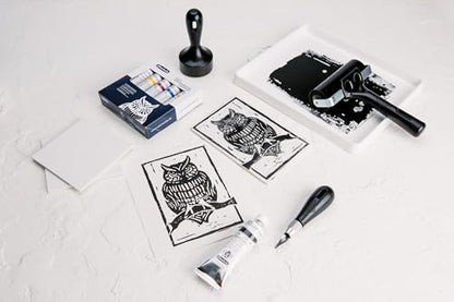 Schmincke - aqua-LINOLDRUCK, lino printing set, complete set with 5 x 20 ml tubes, 1 x 35 ml tube lino printing ink, 82 716 097, incl. cutting tool, roller, lino printing plates
