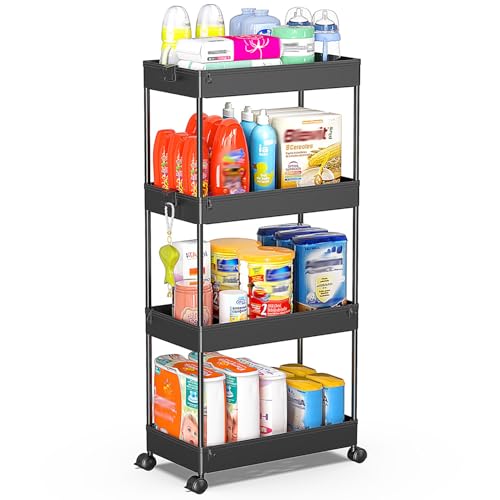 SPACEKEEPER Storage Cart 4-Tier, Bathroom Rolling Cart Utility Storage Organizer Shelf Mobile Shelving Unit for Kitchen Living Room Bathroom Laundry Room & Dressers, Black - color: Black, size: 4 Tier