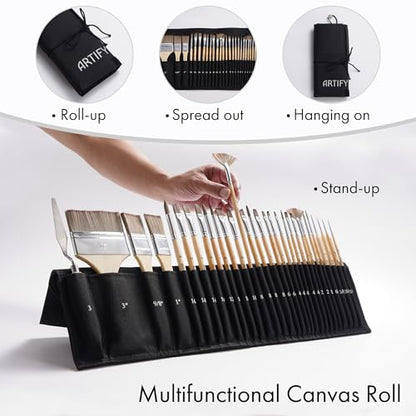 ARTIFY 30 Pieces Professional Paint Brush Set – Expert Series Synthetic Nylon Brushes for Acrylic, Oil, Watercolor, Gouache – No Shedding, Canvas Roll Case & Palette Knife, Artist Gifts Art Supplies - color: Wooden