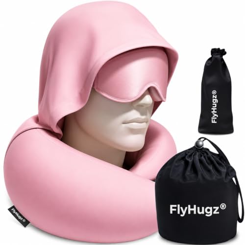 FlyHugz® Ultimate Travel Comfort Set – Hooded Memory Foam Neck Pillow + 3D Contoured Sleep Mask | Adjustable Hood, Washable Cover & 100% Light-Blocking Eye Mask | First-Class Rest for Flights & Home