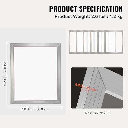 VEVOR Screen Printing Kit, 2 Pieces Aluminum Silk Screen Printing Frames, 20x24inch Silk Screen Printing Frame with 230 Count Mesh, High Tension Nylon Mesh and Sealing Tape for T-Shirts DIY Printing - size: 20x24inch-2