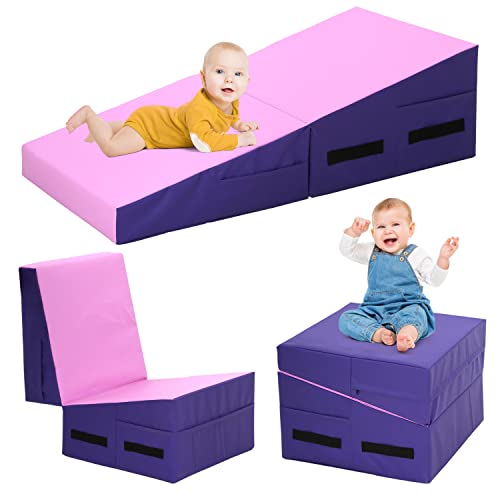 BLKMTY Incline Gymnastics Mat for Kids, 34"x24" Folding Tumbling Cheese Wedge Mats Kids Indoor Exercise Yoga Mat for Gymnastics Home Gym Mats W/Non-Slip PVC Surface and Handle - color: Pink & Purple