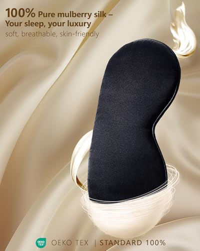 Silk Sleep Mask for Women and Men - Soft Breathable Organic Natural Mulberry Silk Fabric Blackout Eye Mask with Adjustable Straps No Pressure Eye Mask for Travel Essentials Gifts (Black) - color: Black