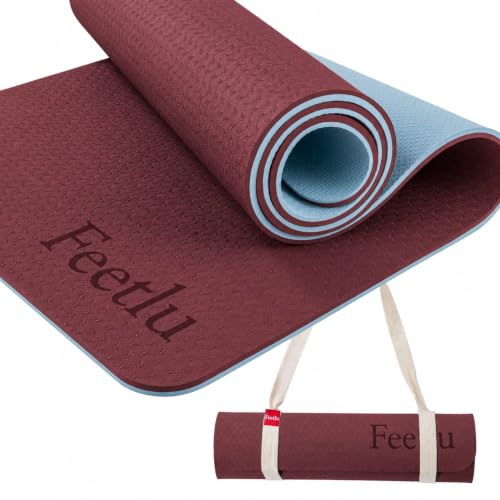 Extra Thick Yoga Mat with Carry Strap, 10mm Non-Slip Exercise Mat, 72 x 24 Inch Cushioned Workout Mat for Yoga, Pilates, Stretching & Floor Exercises - color: Dark Red & Blue Gray
