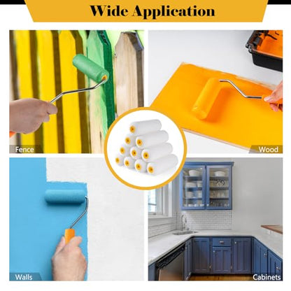 Mister Rui Mini Foam Paint Rollers, 4 Inch Paint Rollers 10 Pack | High Density Small Paint Roller Refills 4 Inch, High Absorption Sponge Paint Roller for Painting Wall, Trim, Touch-ups, Doors