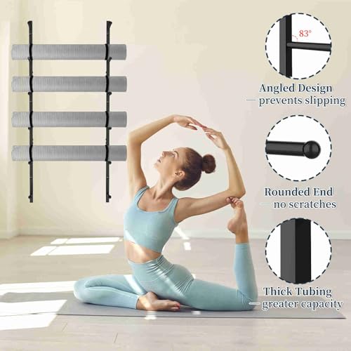 Yoga Mat Holder Wall Mount with 12 Straps, 6 Tier Metal Yoga Mat Storage Rack Home Gym Exercise Workout Equipment Organizer for Foam Roller Resistance Bands
