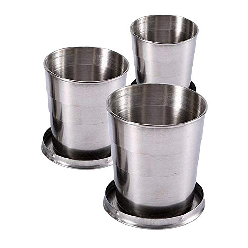 Guyuyii 3 Pcs Stainless Steel Collapsible Cups for Traveling with Keychains | Collapsible Cup with Lid for Outdoor Activities, Camping, Travel | Compatible with Water, Mouthwash, Espresso, Silver