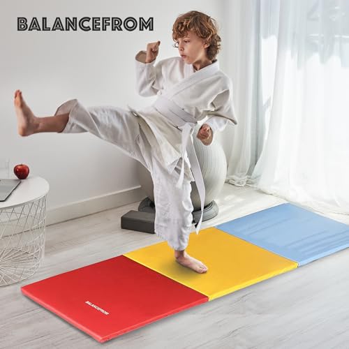 BalanceFrom 6x2 Feet 3-Panel Folding Gymnastics Mat – 2-Inch Thick Pad with Vinyl Surface and Carrying Handles for Tumbling, Yoga, Pilates, Home Workouts, and Martial Arts - color: Multi-Color