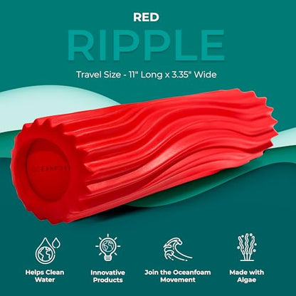 Oceanfoam Ripple Travel Foam Roller (11" x 3.35") Firm Mini Foam Roller for Physical Therapy, Deep Tissue Massage, Back Pain - High Density, Ergonomic Wave Textured - Yoga, Pilates, Exercise (Red) - color: Red