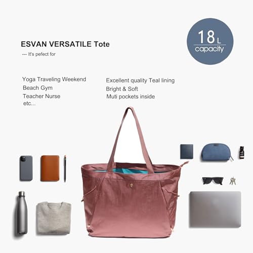 ESVAN Yoga Tote Bag for Women Shoulder Bags Drawstring for Office Workout Travel Carryall Pilates Gym and Beach - color: Nylon Rose Gold