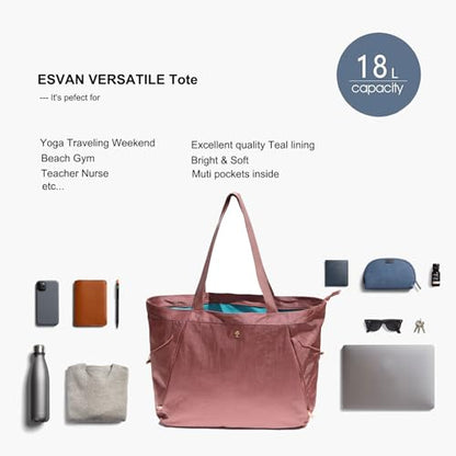 ESVAN Yoga Tote Bag for Women Shoulder Bags Drawstring for Office Workout Travel Carryall Pilates Gym and Beach - color: Nylon Rose Gold