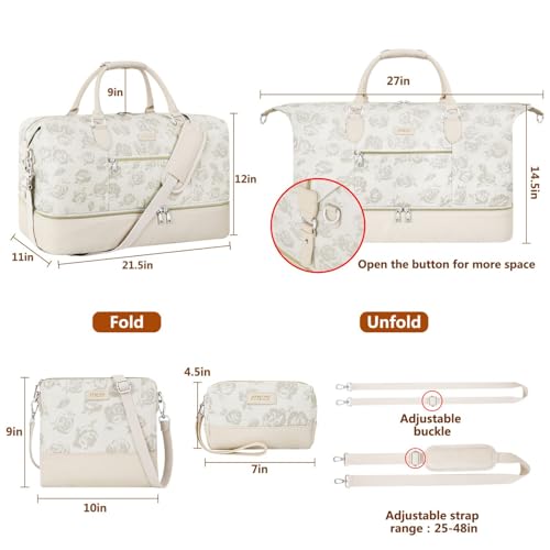 ITIEZY Weekender Bag for Women 21.5" Travel Duffel Large Carry On Bag 3PCS | Nylon Duffel Bag with Waterproof Shoe Compartment, Crossbody Bag and Toiletry Bag, Travel Weekend Hospital Overnight Gym Bag - color: 4-Beige Flower