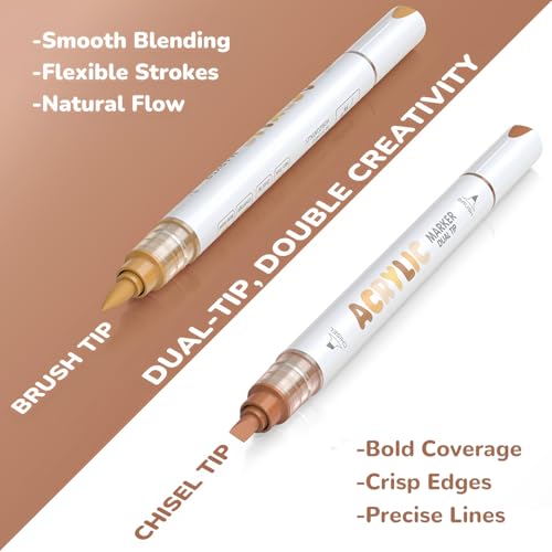 Guangna 12 Brown Dual Tip Acrylic Paint Markers, Brush Tip & Chisel Tip Acrylic Paint Pens for Pumpkin Paint, Rock, Wood, Glass, Paper, Coloring Book, Ceramic, Canvas, Water-Based Ink - color: Brown