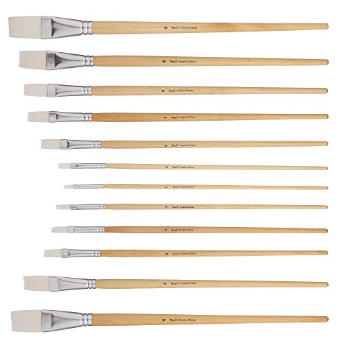 Jerry Q Art 12 PC White Synthetic Hair Flat Brush Set with Long Wood Handles for Watercolor and Acrylic JQ66051