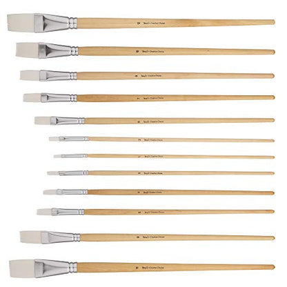 Jerry Q Art 12 PC White Synthetic Hair Flat Brush Set with Long Wood Handles for Watercolor and Acrylic JQ66051