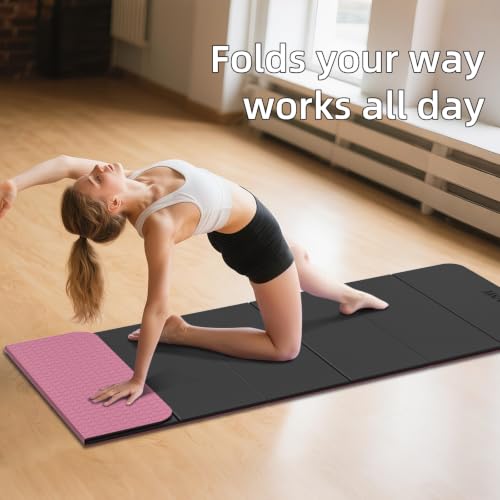 LVME Foldable Yoga Mat, 71"x24"x1/3" Thick(8mm), Non Slip Exercise Mat - color: Obsidian Black+Crimson