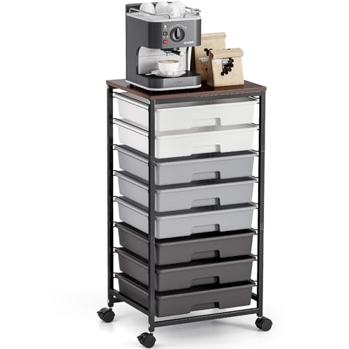 Rolling Storage Cart with 8 Drawers, Utility Cart on Wheels with Wooden Tabletop, Utility Cart for Teacher Storage, Office Organizer, Classroom Storage Cart, Craft Storage, Grey - color: Grey