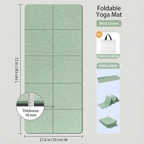 Foldable Yoga Mat 10 mm Thick Extra Wide 72"x28", Non Slip Travel Exercise Pad, TPE Compact Folding Pilates Floor Cushion for Home Gym & Nap, Mint Green