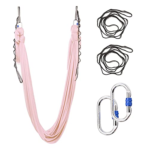 5.5 Yards Aerial Silks Yoga Swing Set - Aerial Yoga Hammock Kit Anti-Gravity Flying for Fitness, Low/Non Stretch Nylon Tricot Fabric Hardware Included for Dance - color: TENDER PINK