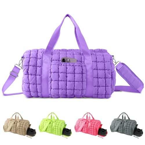 Quilted Travel Duffle Bag Gym Bag for Women,Large Puffer Duffle Weekender Bag with Compartment,Workout Overnight Carry on Organizer Bag Duffle Bag for Airplane Travel(L-Purple) - color: Purple, size: Large