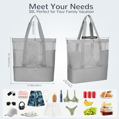 Mesh Tote Beach Bag with Leakproof Wet Compartment - color: Grey