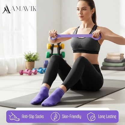 AMAVIK Pilates Kit 15-Pieces Home Workout Set with 5 Resistance Bands, Pilates Ring and Ball Set with Accessories-A Complete Pilates Set for Women to Improve Strength, Flexibility and Balance Body - color: Purple