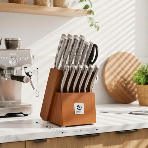 imarku 14-Piece Japanese Gyutou Stainless Steel Kitchen Knife Set | 15° Precision Edge | 56±2 HRC Hardness | Full-Tang Build for Perfect Balance | Built-in Sharpener | Gift for Home Chef - color: Light Brown