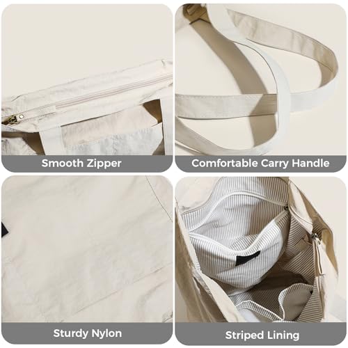 Barsine Tote Bag for Women Unisex Lightweight Nylon Totes Purses and Handbags Large Casual Shoulder Hobo for Travel Gym - color: White