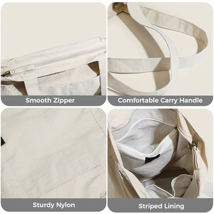 Barsine Tote Bag for Women Unisex Lightweight Nylon Totes Purses and Handbags Large Casual Shoulder Hobo for Travel Gym - color: White