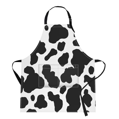 Apron with Pockets, 32x28 inch, for Women Men, Black White Cow | Spots Dalmatian Animal Milk Waterproof Adjustable Bib Aprons for Kitchen Cooking Baking Painting Gardening - color: Cow Spot