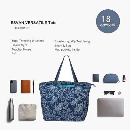 ESVAN Yoga Tote Bag for Women Drawstring Canvas Shoulder Bags for Workout Travel Carryall Pilates Gym and Beach - color: Navy Leaf