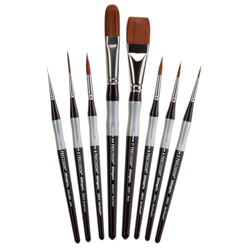 KINGART 1070C Premium 8 Pc. Precision Acrylic Artist Paint Brushes, Short Comfort Handle, Synthetic Taklon Hair for Acrylic, Oil, Watercolor and Gouache Paints, Set of 8