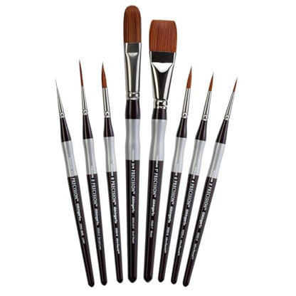 KINGART 1070C Premium 8 Pc. Precision Acrylic Artist Paint Brushes, Short Comfort Handle, Synthetic Taklon Hair for Acrylic, Oil, Watercolor and Gouache Paints, Set of 8