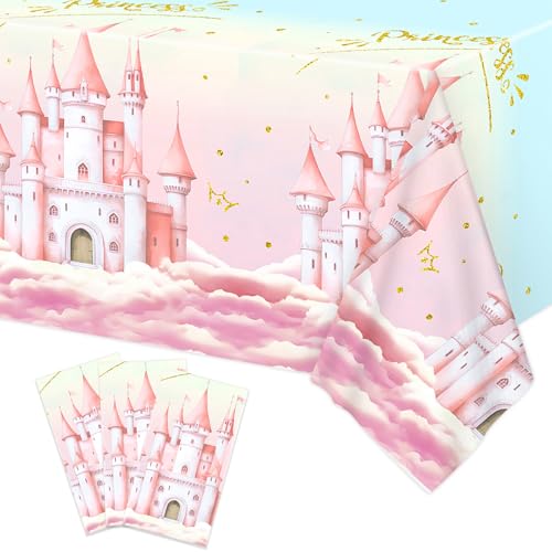 3pcs Princess Party Tablecloth, 54 x 108 Inch Pink Castle Plastic Table Cover, Princess Birthday Party Decorations for Fairytale Themed Party, Baby Shower, Girls Birthday Party Supplies - color: Princess