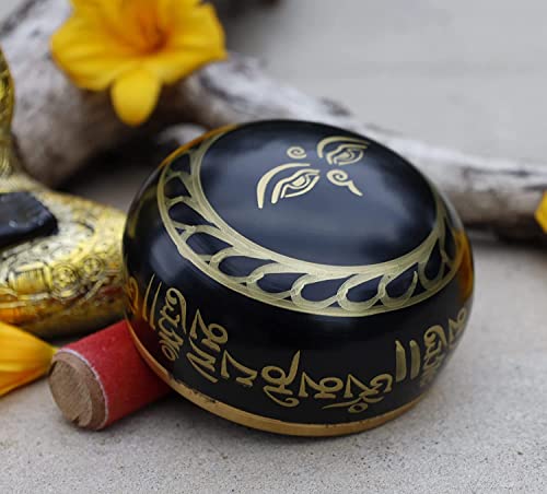 Tibetan Medium Size Singing Bowl Complete Set With Mallet and Brocade Cushion ~ For Meditation, Chakra Healing, Prayer, Yoga - color: Black, size: Medium