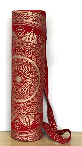 ICC Black Gold Mandala Full-Zip Exercise Yoga Mat Carry Bag Gym Beach Pilates Carrier Bags Hippie Mandala Indian Cotton Bag - style: Red Trishol Gold